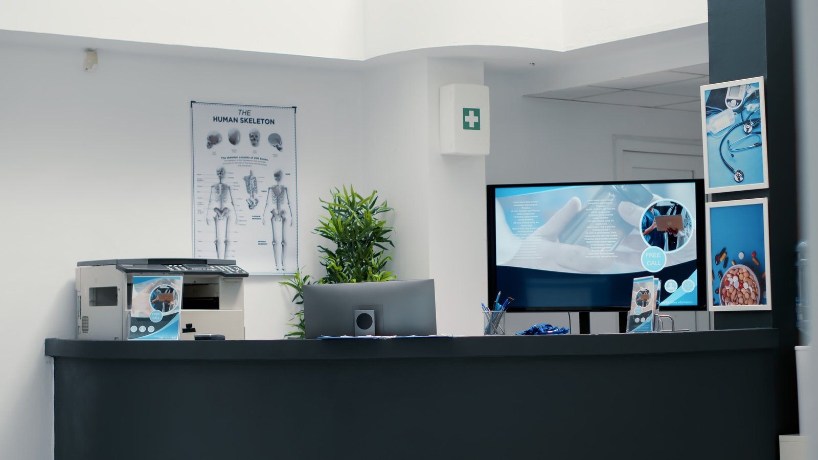 No people at hospital reception desk for medical appointments